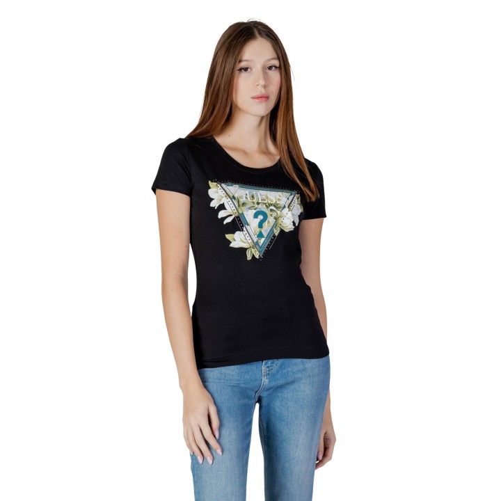 Camiseta Guess de mujer negra con estampado floral vista frontal