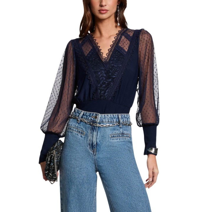 Morgan De Toi camiseta de mujer 251-Tagado azul marino con encaje vista frontal