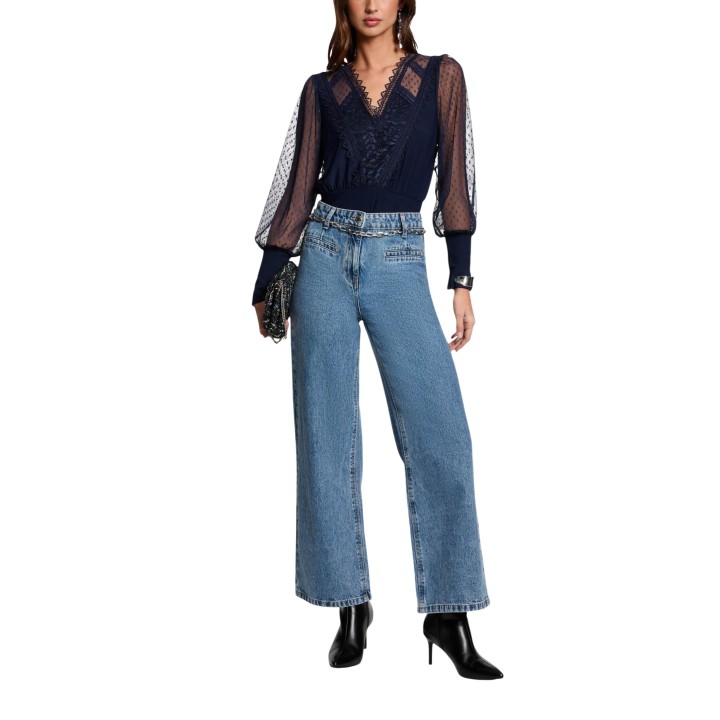 Morgan De Toi camiseta de mujer 251-Tagado azul marino con encaje vista frontal