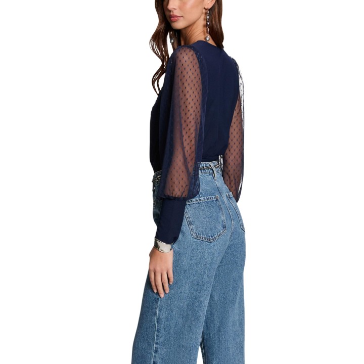 Morgan De Toi camiseta de mujer 251-Tagado azul marino con mangas de tul vista posterior