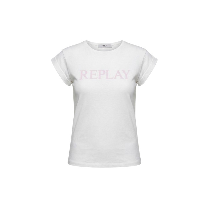 Replay camiseta de mujer blanca de algodón con logo frontal vista de detalle