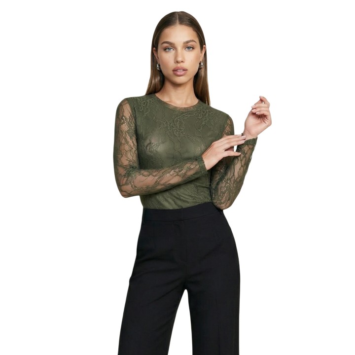 Camiseta de mujer I am Top Pizzo 24327 verde oliva de encaje vista frontal