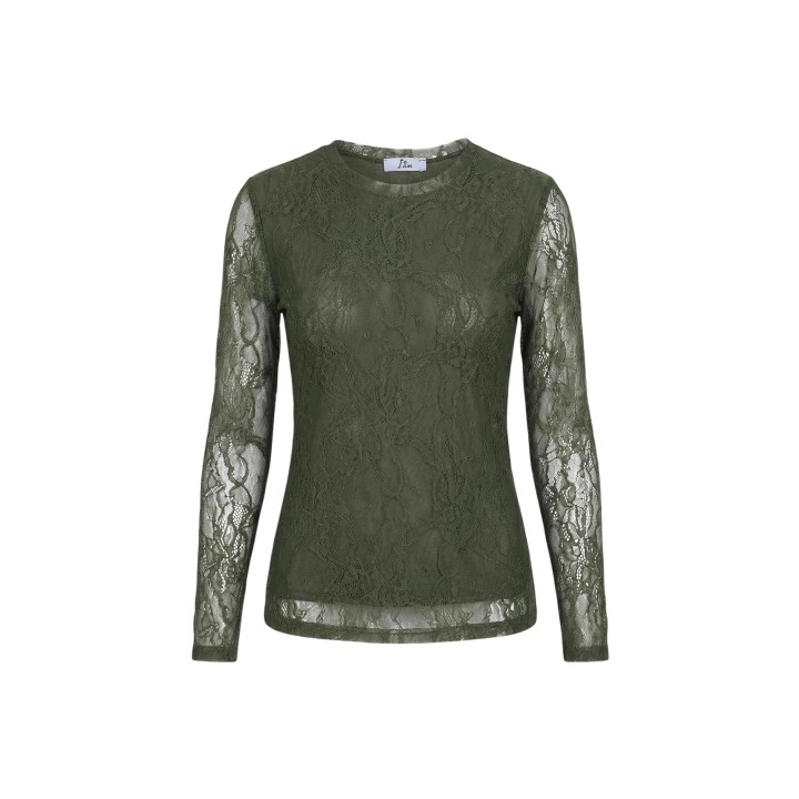 Camiseta de mujer I am Top Pizzo 24327 verde oliva de encaje detalle frontal