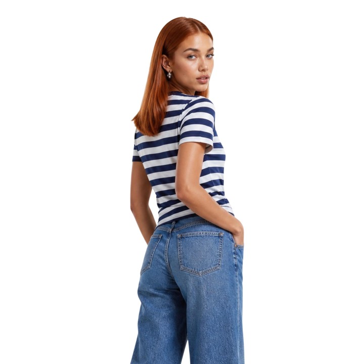 Camiseta de mujer I am 26522 azul de viscosa a rayas vista posterior en tres cuartos