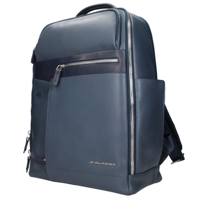 Mochila de piel azul Piquadro para hombre vista lateral