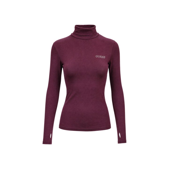 Guess camiseta de mujer Greta de cuello alto en color burdeos vista frontal
