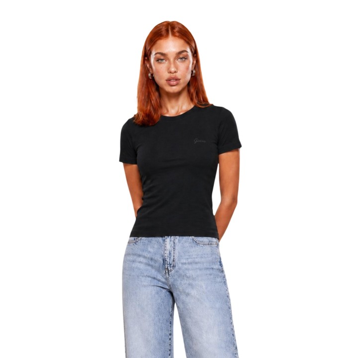 Camiseta negra de mujer Guess Active Chara SS Tee vista frontal