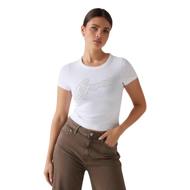 Guess camiseta de mujer blanca de canalé vista frontal
