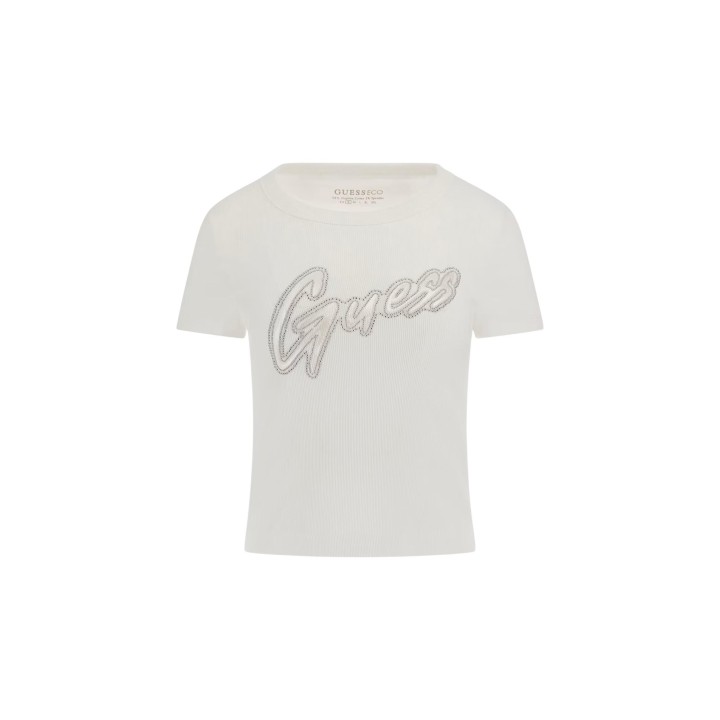 Guess camiseta de mujer blanca de canalé con logo vista frontal
