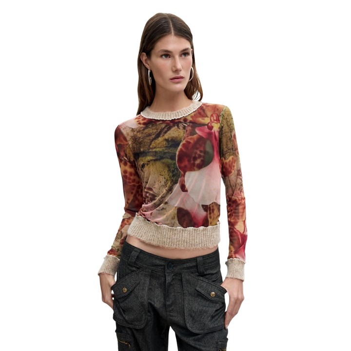 Desigual camiseta de mujer marrón estampada TS_ORCHIDS_LACROIX vista frontal
