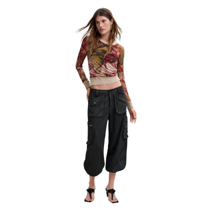 Desigual camiseta de mujer marrón estampada TS_ORCHIDS_LACROIX vista tres cuartos