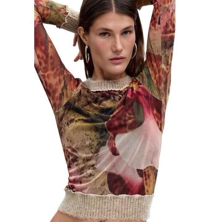 Desigual camiseta de mujer marrón estampada TS_ORCHIDS_LACROIX detalle