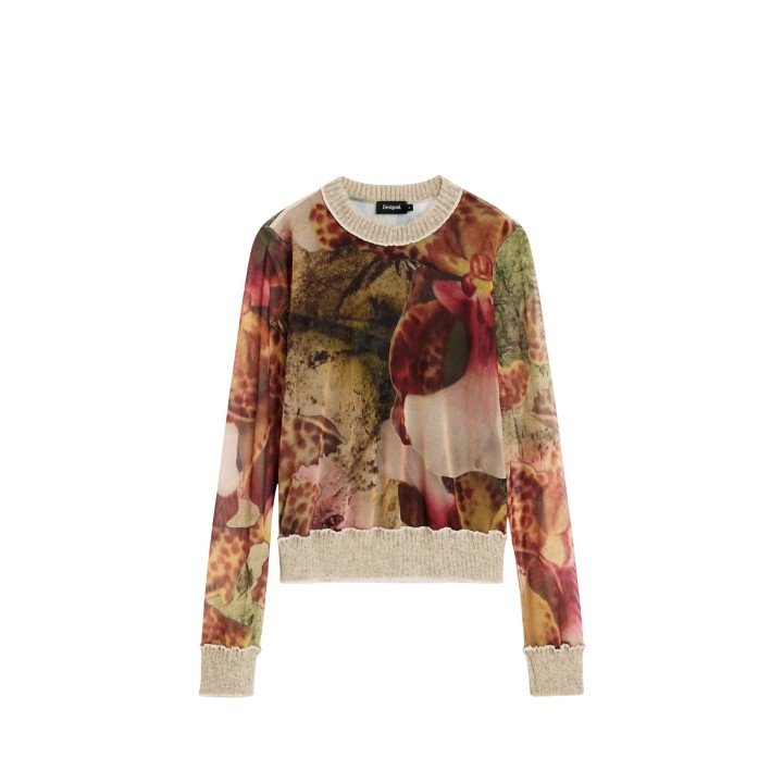 Desigual camiseta de mujer marrón estampada TS_ORCHIDS_LACROIX vista frontal