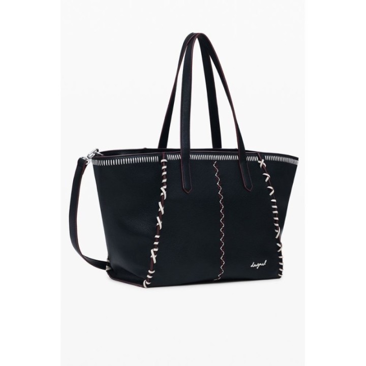 bolso tote negro para mujer Desigual con pespuntes contrastantes y logo vista lateral