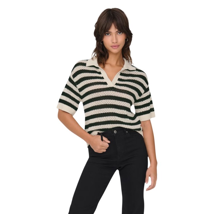 Jacqueline de Yong camiseta de mujer tejida negra y beige vista frontal