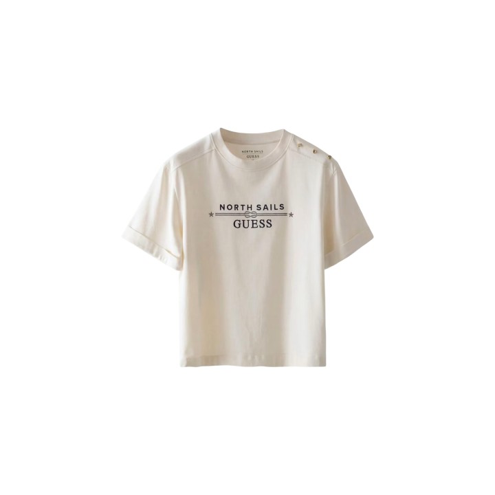 Camiseta Guess de mujer color crema con logo frontal vista frontal