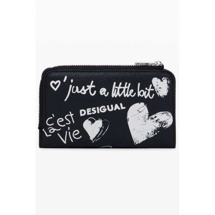 Cartera de polietileno negra para mujer Desigual vista frontal con estampado
