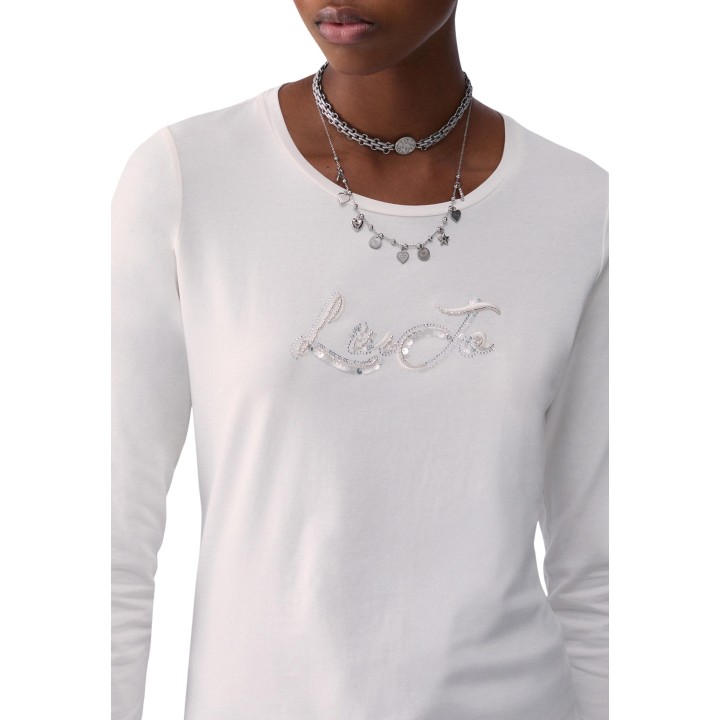 Detalle frontal de camiseta Liu-Jo blanca de mujer con logotipo