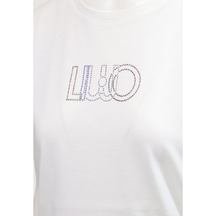 Detalle del logotipo Liu-Jo en camiseta blanca de mujer TF6251 JS923