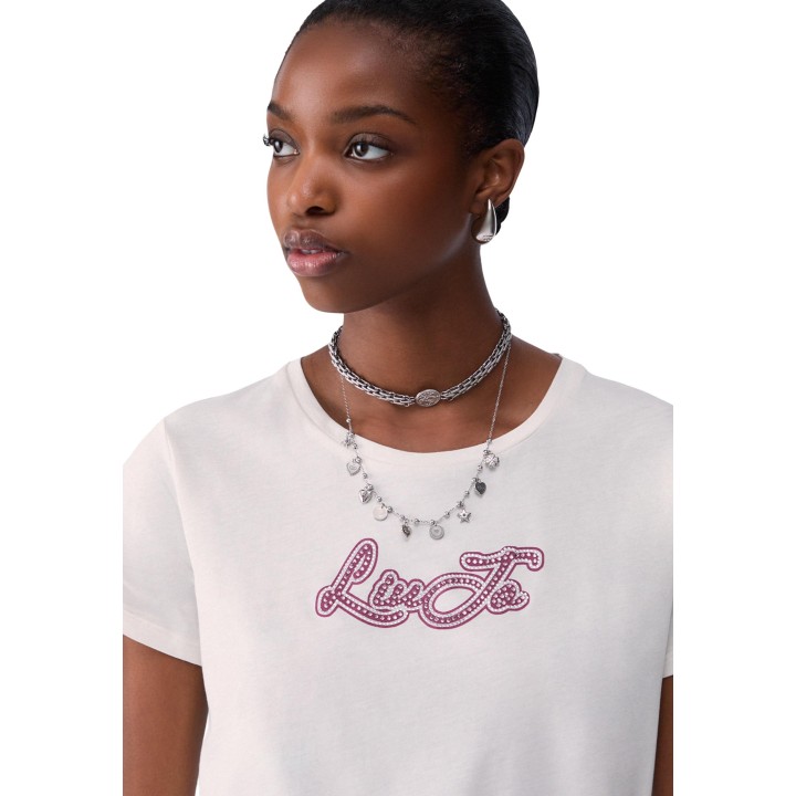 Detalle frontal de camiseta blanca Liu-Jo TF6283 JS923 de mujer