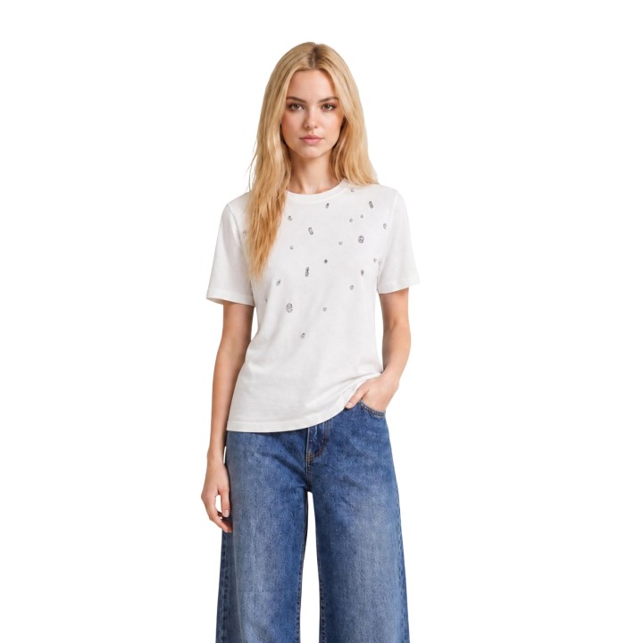Only camiseta de mujer blanca con detalles de strass vista frontal