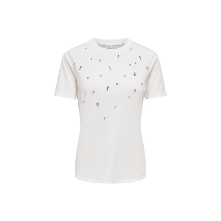 Only camiseta de mujer blanca con detalles de strass detalle frontal