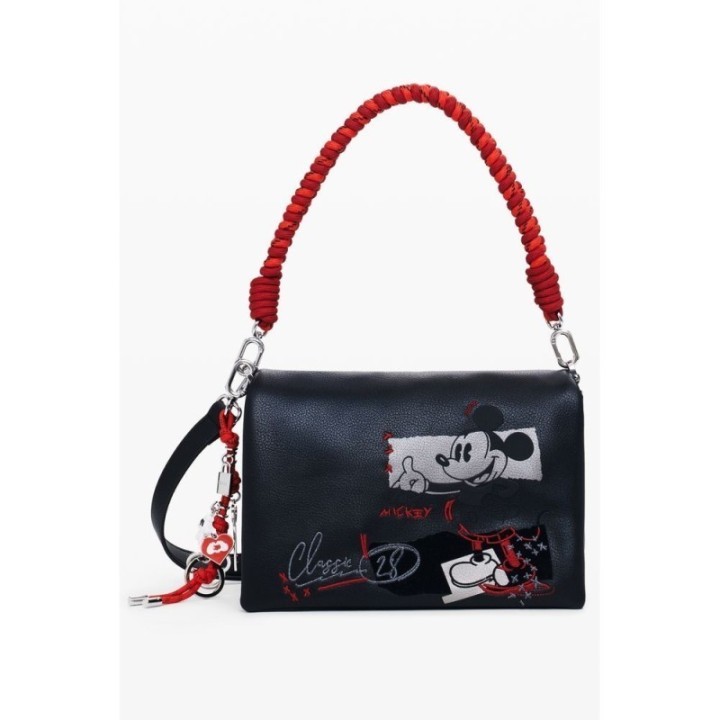 bolso flap negro de polietileno Desigual para mujer con asa roja y estampado Mickey vista frontal