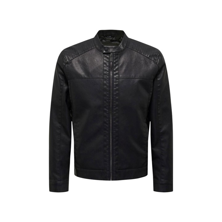 Only & Sons chaqueta racer de hombre negra de PU en vista frontal