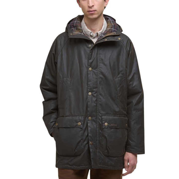 Barbour Bedale Wax Parka de hombre verde oliva encerada vista frontal