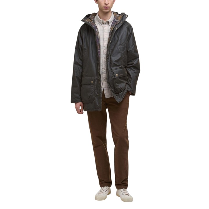 Barbour Bedale Wax Parka de hombre verde oliva encerada vista frontal