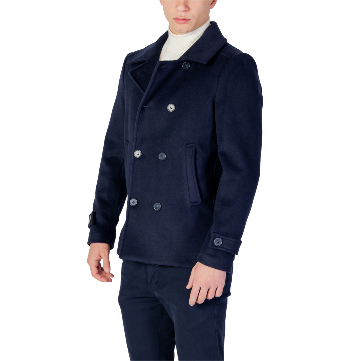 YOS abrigo peacoat de hombre azul marino de paño vista de tres cuartos