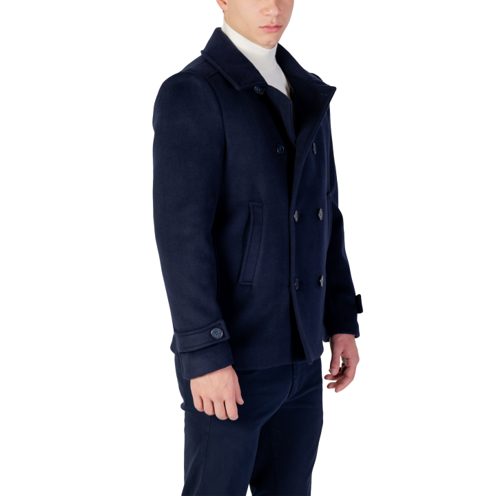 YOS abrigo peacoat de hombre azul marino de paño vista de tres cuartos