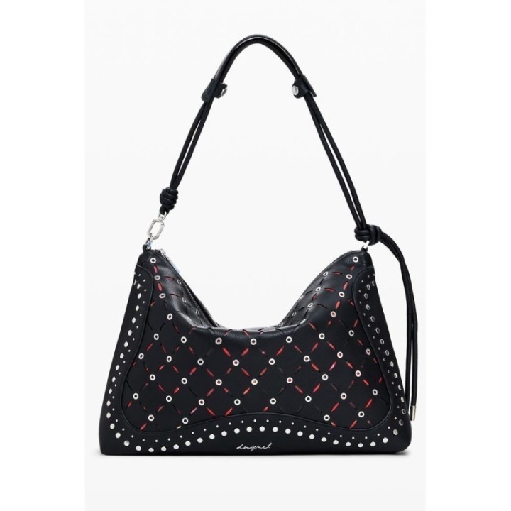 bolso mini para mujer Desigual en polietileno negro con ojales decorativos y asa de hombro vista frontal