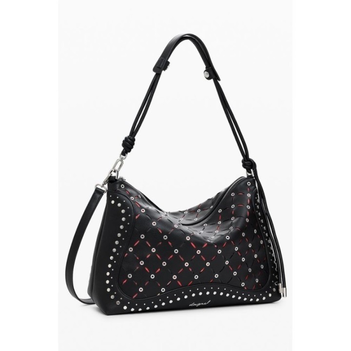 bolso negro calado para mujer Desigual vista lateral con detalles en rojo y tachuelas
