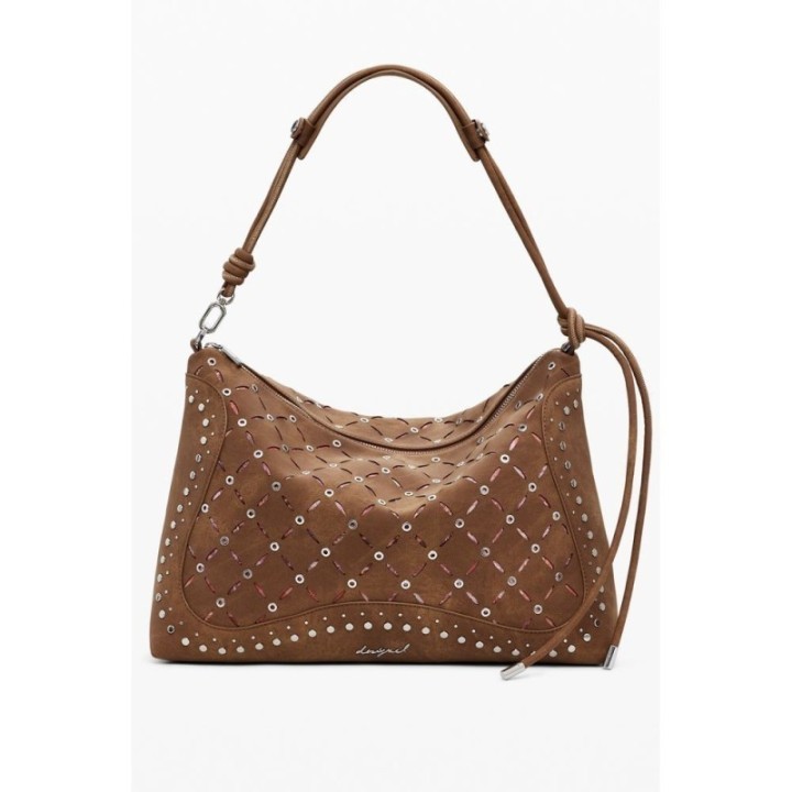 bolso hobo marrón para mujer Desigual con tachuelas y asa ajustable vista frontal