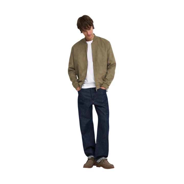 Only & Sons chaqueta bomber de hombre en ante sintético verde oliva vista frontal completa