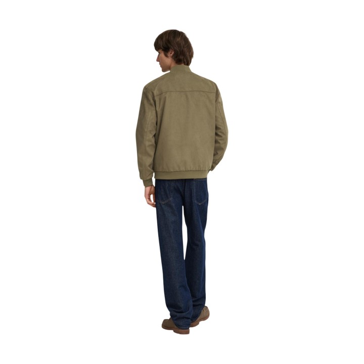 Only & Sons chaqueta bomber de hombre en ante sintético verde oliva vista posterior de tres cuartos