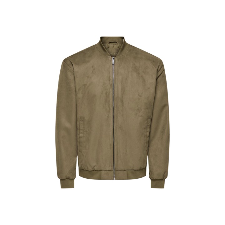 Only & Sons chaqueta bomber de hombre en ante sintético verde oliva detalle frontal