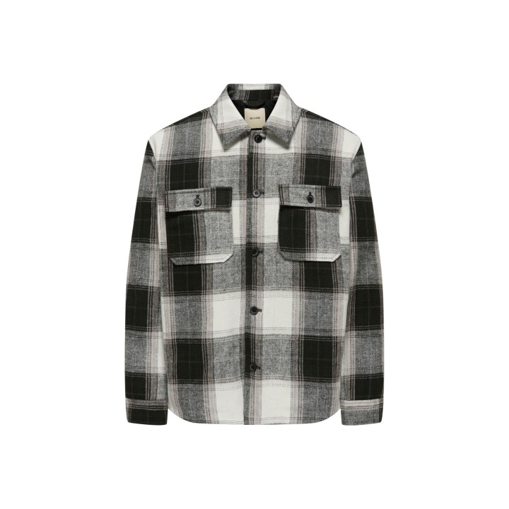Only & Sons chaqueta overshirt de hombre negra de cuadros detalle frontal