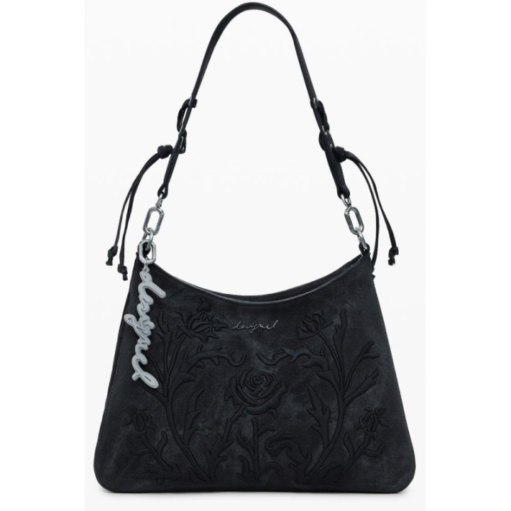 bolso negro bordado para mujer desigual vista frontal con asa ajustable y charm de logo