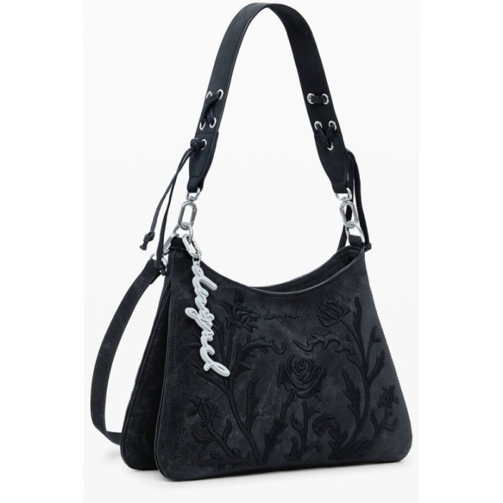 bolso negro con bordado floral para mujer Desigual vista tres cuartos