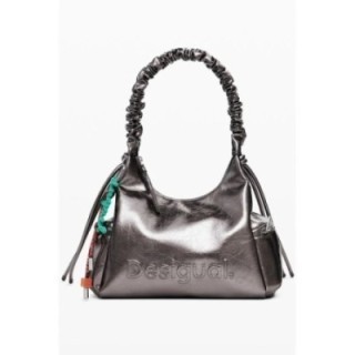 bolso bronce de polietileno para mujer Desigual vista frontal con asa fruncida y logo en relieve