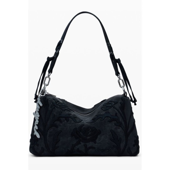 bolso de hombro Desigual para mujer en negro con bordado floral vista frontal