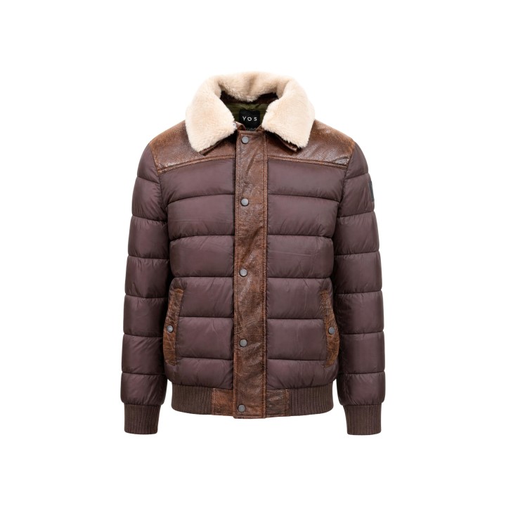 YOS chaqueta acolchada de hombre marrón oscuro con cuello de borreguito en vista frontal