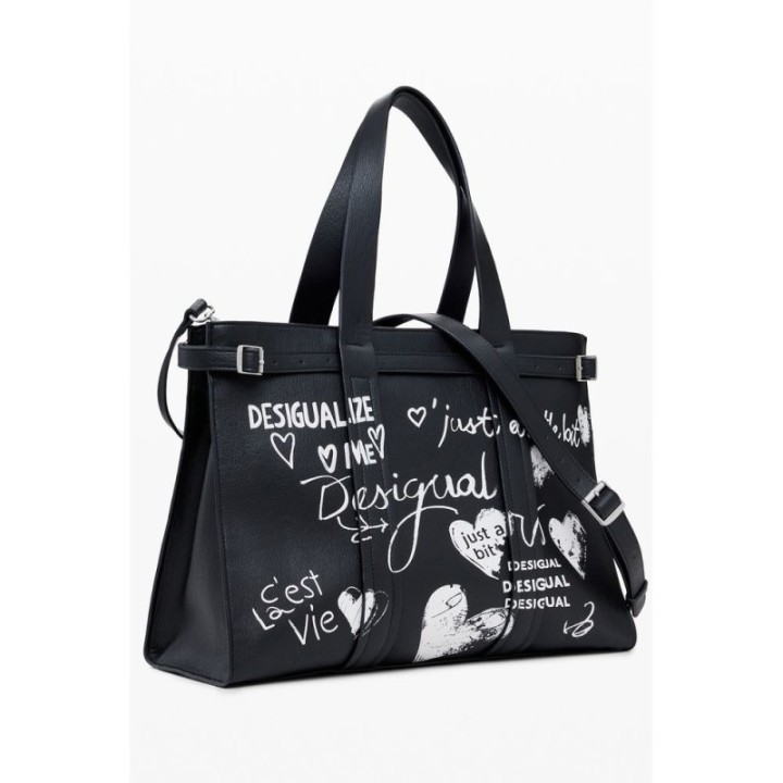 bolso tote negro de polietileno para mujer Desigual vista tres cuartos con estampado blanco