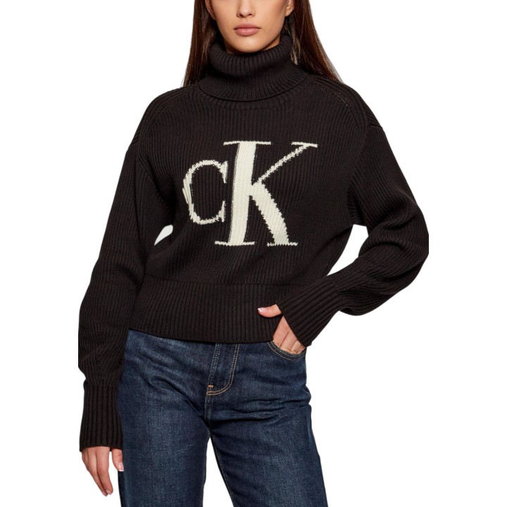 Jersey de punto negro Calvin Klein Jeans para mujer vista frontal tres cuartos