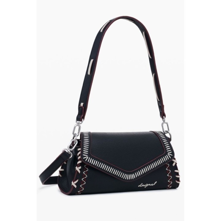 bolso bandolera negro para mujer Desigual con pespuntes contrastados y asa ancha vista frontal