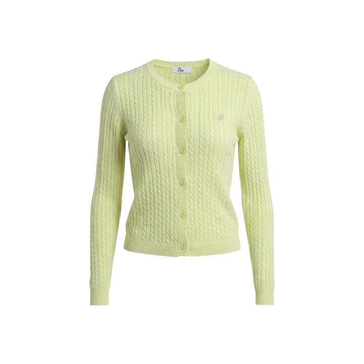 I am cárdigan de mujer amarillo de algodón trenzado vista frontal