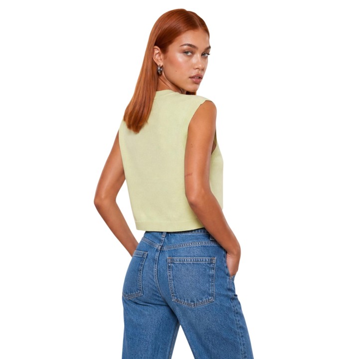 Chaleco de punto I am para mujer amarillo de algodón acrílico vista posterior detalle