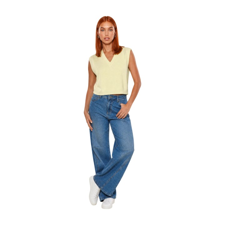 Chaleco de punto I am para mujer amarillo de algodón acrílico vista tres cuartos